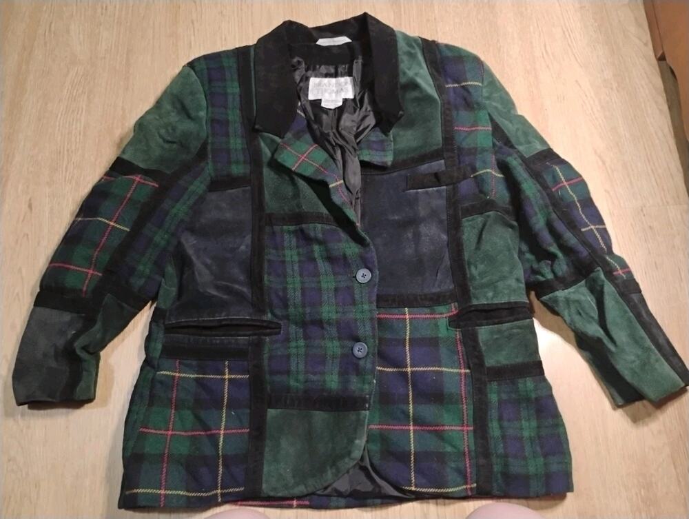 Brandon Thomas Suede Leather Wool Patchwork Jacket Greens/Blues Size 12P